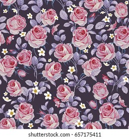 Roses seamless pattern with flowers in vintage style. Romantic elegance floral wallpaper. Decorative vector illustration with bouquet of pink roses. Summer template for congratulation design