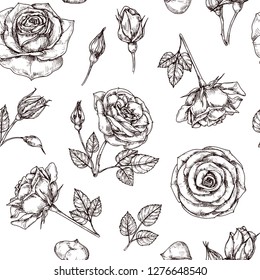 Roses seamless pattern. Hand drawn rose floral textere. Flower fabric repeat vector vintage background. Rose with petal sketch illustration