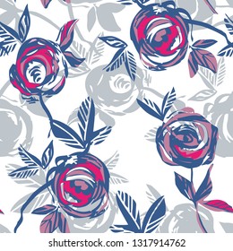 Roses Seamless Pattern. Hand Drawn Background. Vector Illustration.