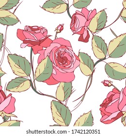 Roses Seamless Pattern. Hand Drawn Floral Background.