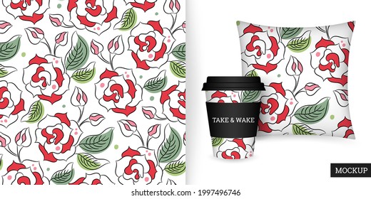 Roses seamless pattern in hand drawn style. Beautiful floral background. Modern ornament with blooming flowers. Vector illustration. Repeating texture. Design paper, wallpaper, fabric. Mockup.