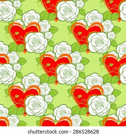 Roses seamless pattern with heart on a green background.