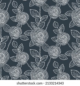 Roses seamless pattern on black background. Bouquet of flowers hand-drawn. Floral pattern in vintage Toile style.