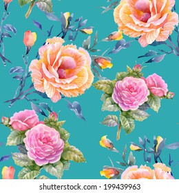 Rosas padrão sem costura em um vetor de fundo azul