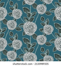 Roses seamless pattern on blue background. Bouquet of flowers hand-drawn. Floral pattern in vintage Toile style.