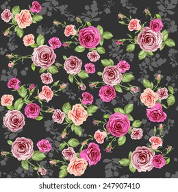Roses seamless pattern on dark background
