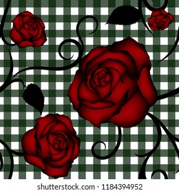 Roses seamless pattern on green squared background