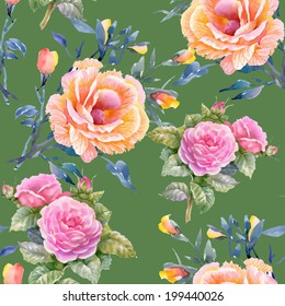 Roses seamless pattern on a green background vector