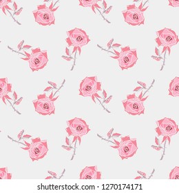 Roses Seamless Pattern on a Grey Background. Vector Template. Hand Drawn Illustration.