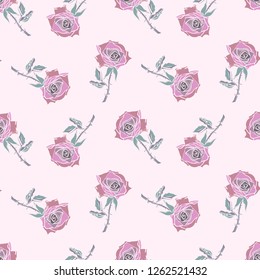 Roses Seamless Pattern on a Pink Background. Vector Template. Hand Drawn Illustration.