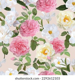 Roses seamless pattern on pink background vector illustration