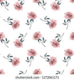 Roses Seamless Pattern on a White Background. Vector Template. Hand Drawn Illustration.