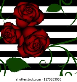 Roses seamless pattern on white-black striped background