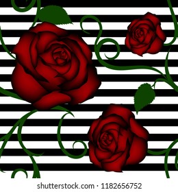 Roses seamless pattern on white-black striped background