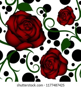 Roses seamless pattern with ornaments and circles on white background