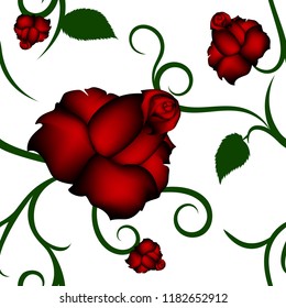 Roses seamless pattern with ornaments on white background