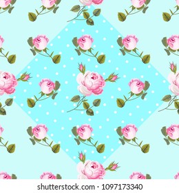 Roses seamless pattern with polka dots on a blue background