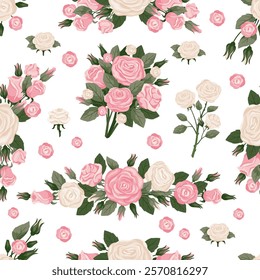 Roses seamless pattern. Repeated floral elements. Delicate flowers. Pink buds. White blooming plants. Romantic bouquet. Wallpaper print. Valentine blossoms. Recent vector