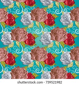 Roses seamless pattern. Turquoise floral vector background. Elegance flowery ornaments with surface pink white red 3d roses flowers and swirl line art tracery leaves. Flourish wallpaper.Luxury texture