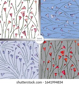 Roses seamless patterns. Hand drawn flowers vector backgrounds in modern style. Floral garden textures collection.