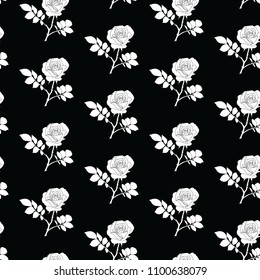 Roses seamless vector black and white geometric background - pattern for continuous replicate on black background. Can be used for fabric, wallpaper, printing works.