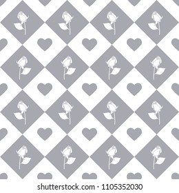 Roses seamless vector geometric monochromatic background - pattern for continuous replicate on grey background.
