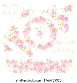 Roses. A set of elements in the form of a wreath, garland, vignette. Design of wedding invitations, cards, banners, posters. Vector illustration on a white isolated background.
