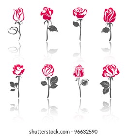 Roses, set icons with reflection