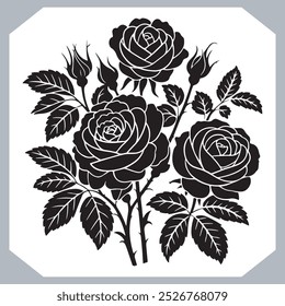 Roses set silhouette , black and white bold line drawing of roses and leaves , Silhouette rose flower, floral collection