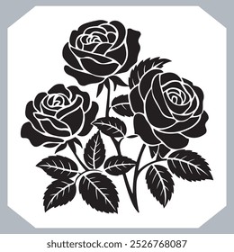 Roses set silhouette , black and white bold line drawing of roses and leaves , Silhouette rose flower, floral collection