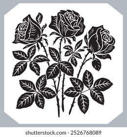 Roses set silhouette , black and white bold line drawing of roses and leaves , Silhouette rose flower, floral collection