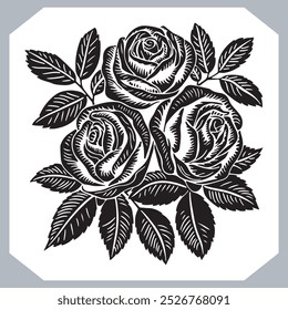 Roses set silhouette , black and white bold line drawing of roses and leaves , Silhouette rose flower, floral collection