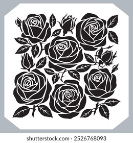 Roses set silhouette , black and white bold line drawing of roses and leaves , Silhouette rose flower, floral collection