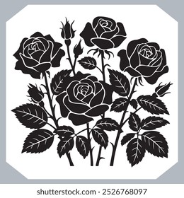 Roses set silhouette , black and white bold line drawing of roses and leaves , Silhouette rose flower, floral collection