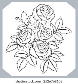 Roses set silhouette , black and white bold line drawing of roses and leaves , Silhouette rose flower, floral collection