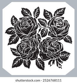 Roses set silhouette , black and white bold line drawing of roses and leaves , Silhouette rose flower, floral collection