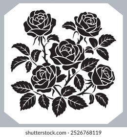 Roses set silhueta , preto e branco negrito linha desenho de rosas e folhas , Silhueta rosa flor, coleção floral