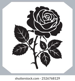 Roses set silhouette , black and white bold line drawing of roses and leaves , Silhouette rose flower, floral collection
