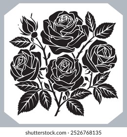 Roses set silhueta , preto e branco negrito linha desenho de rosas e folhas , Silhueta rosa flor, coleção floral