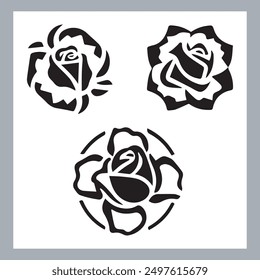 roses set silhouette vector illustration, black silhouette of a flower isolated on a white background, different type of decorative rose with leaves.