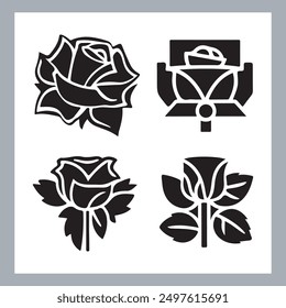 roses set silhouette vector illustration, black silhouette of a flower isolated on a white background, different type of decorative rose with leaves.