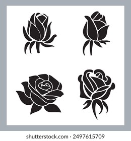 roses set silhouette vector illustration, black silhouette of a flower isolated on a white background, different type of decorative rose with leaves.