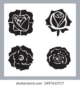 roses set silhouette vector illustration, black silhouette of a flower isolated on a white background, different type of decorative rose with leaves.