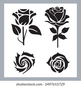 roses set silhouette vector illustration, black silhouette of a flower isolated on a white background, different type of decorative rose with leaves.