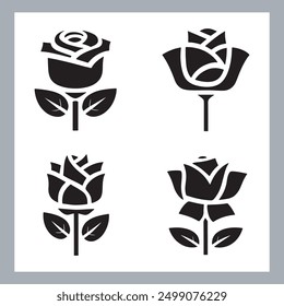 roses set silhouette vector illustration, black silhouette of a flower isolated on a white background, different type of decorative rose with leaves.