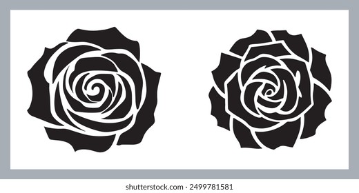 Roses set silhouette vector illustration, black silhouette of a flower isolated on a white background, different type of decorative rose with leaves.