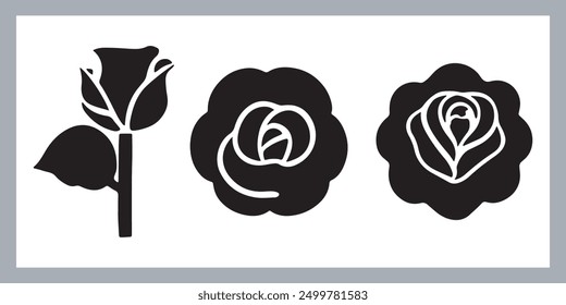 Ilustración vectorial de la silueta del sistema de las rosas, silueta negra de una flor aislada en un fondo blanco, diverso tipo de rosa decorativa con hojas.