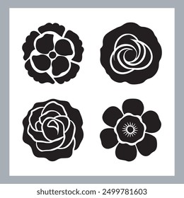 Roses set silhouette vector illustration, black silhouette of a flower isolated on a white background, different type of decorative rose with leaves.