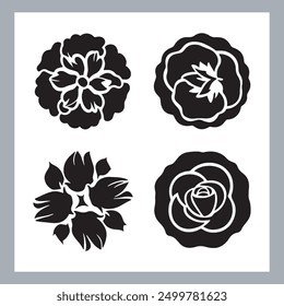 Roses set silhouette vector illustration, black silhouette of a flower isolated on a white background, different type of decorative rose with leaves.