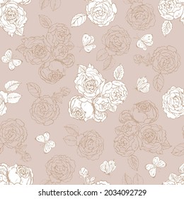 Roses. Shabby chic contour patterns of roses and butterflies, seamless pattern vector background. For home textiles, clothing, packaging, home decor, wallpaper and promotional materials